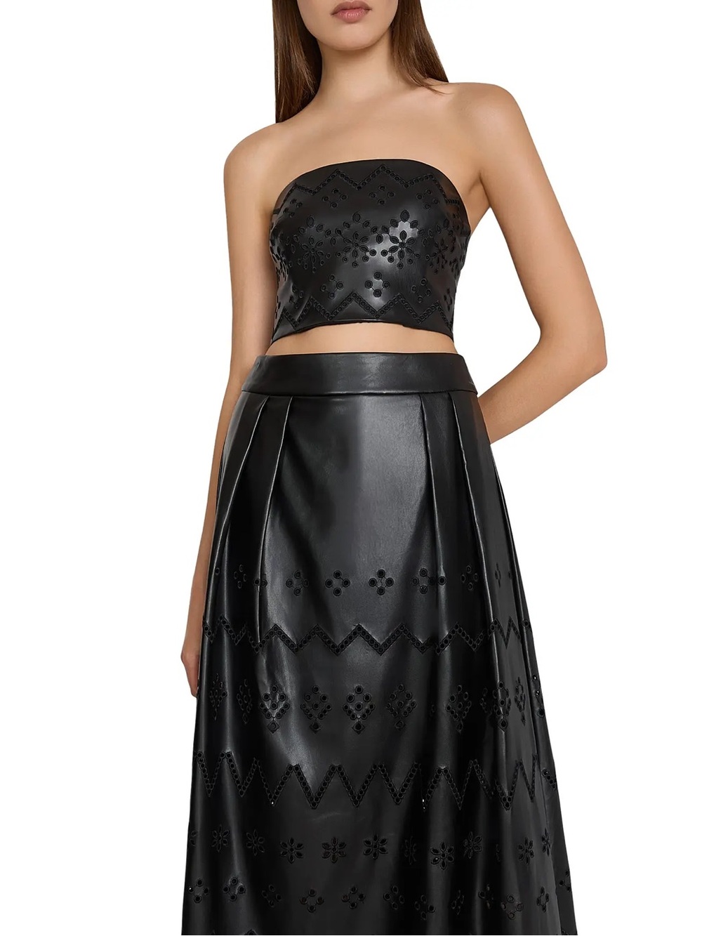 Milly Women's Lois Eyelet Embroidered Faux Leather Top Black Strapless Size XS